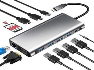 Giant Base USB Hub USB C Hub 12-in-1 Type C Hub Adapter with 4K HDMI,VGA,2 USB 3.0,2 USB 2.0,100W PD,RJ45 Ethernet,USB-C Port and SD/TF & Audio/Mic for MacBook/Pro/Air USB C Docking Station