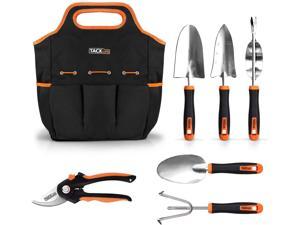 TACKLIFE GGT4A 7 Piece Stainless Steel Heavy Duty Garden Tools Set Black and Orange