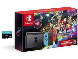 Nintendo Switch Mario Kart 8 Deluxe Bundle Neon BlueNeon Red JoyCon 3 Month Nintendo Switch Online Individual Membership Bundle with Cefesfy 32GB Micro SD Card