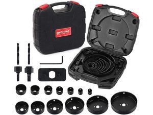 Hole Saw Set HYCHIKA 19 Pcs Hole Saw Kit with 13Pcs Saw Blades, 2 Mandrels, 2 Drill Bits, 1 Installation Plate, 1 Hex Key, Max Size 6" and Min Size 3/4", Ideal for Soft Wood, Plywood, Drywall, PVC Hole Saw Set HYCHIKA 19 Pcs Hole Saw Kit with 13Pcs Saw Blades, 2 Mandrels, 2 Drill Bits, 1 Installation Plate, 1 Hex Key, Max Size 6" and Min Size 3/4", Ideal for Soft Wood, Plywood, Drywall, PVC
