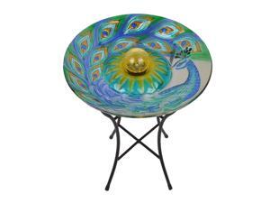 Peaktop HandPainted Peacock Fusion Glass Solar Birdbath Bowl Feeder with LED Light for Outdoor Patio Garden Backyard Decking, 21 Inch Height, Blue/ Green Peaktop HandPainted Peacock Fusion Glass Solar Birdbath Bowl Feeder with LED Light for Outdoor Patio Garden Backyard Decking, 21 Inch Height, Blue/ Green