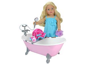 Sophia's Pink Classic Claw Foot Bathtub with Shower Cap, Terry Dress and Shower Accessories Set for 18" Dolls, Light Pink and Blue