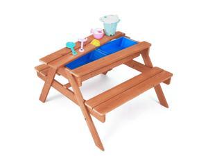 Teamson Kids Outdoor Picnic Table and Chair Sets, Pine Wood A-Frame, Attached Benches with 2 Sensory Activity Bins for Sand and Water Play Plus Accessories, Brown/Blue