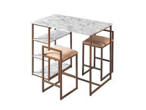 Versanora Marmo Modern Marble-Look Breakfast Table Set with 2 Stools and Storage, 36 inch Height, Brass