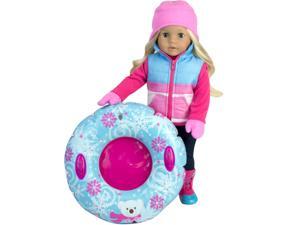 Sophia's Winter Doll Vest, Pink Fleece Hat, Mittens, and Polar Bear Snowflake Inner Tube 4 Piece Winter Set for 18" Dolls, Pink/Blue