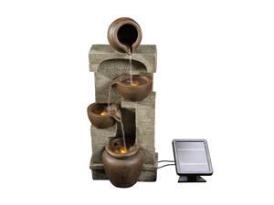 Teamson Home 31" Height Solar Powered Outdoor Waterfall Bowls Stone Stacked Fountain with Battery Backup and LED Lights