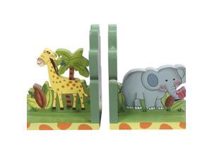 Fantasy Fields - Sunny Safari Animals Thematic Set of 2 Wooden Bookends for Kids, Imagination Inspiring Hand Crafted & Hand Painted Details - Yellow/Green/Blue