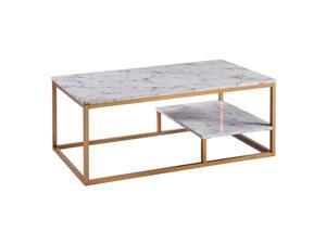 Teamson Home Marmo Faux Marble Modern Rectangle Coffee End Table with Storage Shelf and Easy-Clean Surface for Living and Dining Room Home Office, 16 Inch Height, Brass