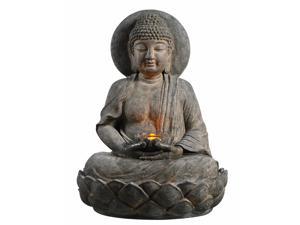 Peaktop Buddha Zen Statue Water Fountain with LED Light and Pump for Outdoor Patio Garden Backyard Decking, 28 Inch Height, Stone Gray