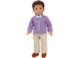 Sophia's Complete Gender-Neutral Outfit Set with Gingham Shirt, Mint Green Polka Dot Bow Tie, & Khaki Pants for 18 Dolls, Purple