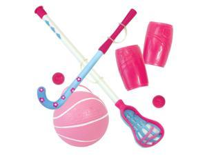 Sophia's Six-Piece Lacrosse, Field Hockey, & Basketball Sports Equipment Playset with Elastic Straps for 18 Dolls, Hot Pink