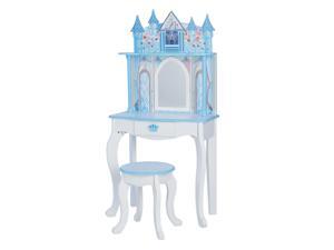 Teamson Kids - Pretend Play Kids Vanity Table and Chair, Vanity Set with Mirror, Makeup Dressing Table with Drawer Castle Play Set with Accessories for Girls Dreamland Castle Play - White/Blue/Purple