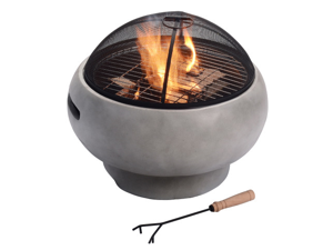 Peaktop MGO Light Concrete Round Charcoal and Wood Burning Fire Pit for Outdoor Patio Garden Backyard with Spark Screen, Fireplace Poker, Grate, and BBQ Grill, Light Gray