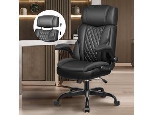 Office Chair Flip Up Arms, Executive Leather Office Chair Ergonomic Desk Chair with Lumbar Support, Adjustable Headrest, Computer Chair Home Office Desk Chair with Rocking Function