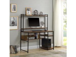 Home Office Computer Desk with 2-Tier Bookshelf and Open Storage Shelf Equipped with Removable Monitor Riser Brown Home Office Computer Desk with 2-Tier Bookshelf and Open Storage Shelf Equipped with Removable Monitor Riser Brown