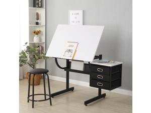Adjustable Drafting Drawing Table Study Table School Table Home Office Desk Chair with Stool and 3 Drawers, White