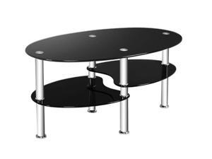 Tempered glass oval edge coffee table frame chrome base living room black