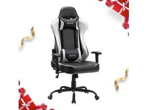 VON RACER PU Leather 250lbs Gaming Chair Racing Style Ergonomic High Back Chair with Removable Neck Rest and Adjustable Back Cushion (White)