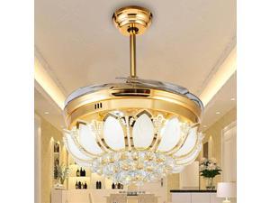 OuShu 42'' Retractable Remote Control Ceiling Fan LED Light Crystal Chandelie Lamp - golden
