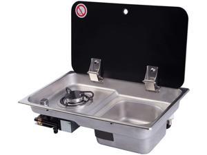 LOYALHEARTDY 304 Stainless Steel Silver RV Gas Stove with Tempered Glass Cover, a Stove and Sink without Faucet GR-903