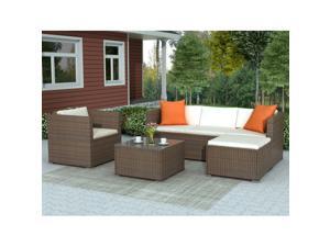 HOMEMAXS 4-Piece Outdoor Patio Furniture Set, Wicker Rattan Sectional Sofa Couch Manual Wicker Couch with Glass Coffee Table | Brown
