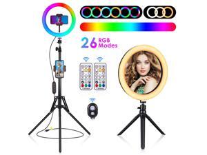 HOMEMAXS 10" LED Ring Light, with Stand & Remote Control & Phone Holder & Camera Remote, 360° Angle Adjustable Selfie  Light with 3 Normal Light Modes & 26 RGB Modes, for Live Streaming Video Shooting