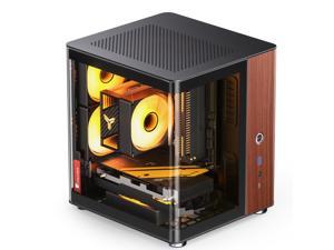 JONSBO TK-0 Separated Cabinet ITX Case Mini Tower,270° Dual-Curved Glass, Al/Solid Walnut Wood, Compact Desktop Case SP GPU 230mm,Separate Air Intake for PSU, Multi Vents Cooling,4 Fan Position,Black