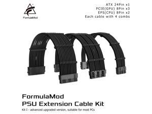FormulaMod NCK1 Series PSU Extension sleeved Cable Kit ,  Custom Power Supply Braided Cable Solid Combo 300mm ATX24Pin PCI-E8Pin CPU8Pin With Combs, Kit I White, Kit I  Black
