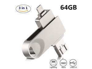 iPhone flash drive 64GB, encrypted USB memory stick USB 3.0 3in1 OTG drive flash drive is suitable for iPhone, iPad, iPod, Mac, Android and PC...