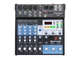 Depusheng MX8 digital 8 channel audio mixer professional DJ mixing console for live recording with Bluetooth 48V phantom power 3 Band EQ USB recording interface balck