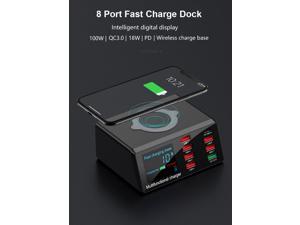 100W 8 Ports USB Charger Hub Quick Charge 30 Adapter Wireless Charger base PD Charging Station With Digital LCD Display