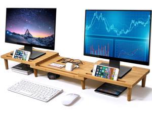 Pezin & Hulin Bamboo Dual Monitor Stand Riser for Desk Organizer, Adjustable Length and Angle Multi(1/2/3) Screen Stand, Office Wood Desktop Stand Storage for Computer, Laptop, PC, Printer, Notebook