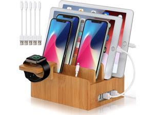 Pezin & Hulin Desktop Charging Station,HUB Wall Charger for Smart phones, iPhone, iPad ,Tablets ,Bamboo color.(Includes 5 Cables,Watch Stand)