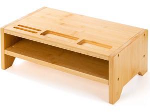 2 Tiers Bamboo Monitor Stand with Smartphone Holder & Pen Notches for Home Office Computer, Laptop, TV, Tablet, Printer, Projector