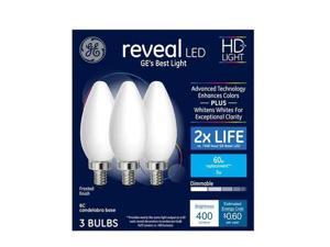 GE reveal LED HD light 60 watt replacement, BC, candelabra base, frosted finish, dimmable LED (3 bulbs) GE reveal LED HD light 60 watt replacement, BC, candelabra base, frosted finish, dimmable LED (3 bulbs)