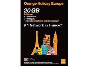 Orange Holiday Europe Prepaid SIM Card 20GB(30GB till Oct 5th 2022) Internet Data in 4G/LTE or 5G Data Tethering Allowed +120 MM =1000 Texts in 30 Countries in Europe (20GB+Pin+Holder)