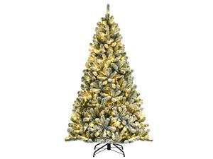 Costway 6ft Pre-lit Snow Flocked Hinged Christmas Tree w/ 928 Tips & Metal Stand