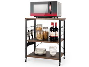 Giantex 3-Tier Kitchen Baker's Rack Microwave Oven Storage Cart w/ Hooks Rustic
