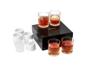 PIPITA Old Fashioned Whiskey Glasses and Ice Ball Mold Gift Set with Luxury Box - 4pcs 11 Oz Rocks Barware and 4pcs Ice Ball Mold For Scotch, Bourbon, Liquor and Cocktail Drinks - Set of 4