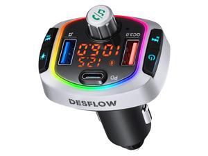 DESFLOW Bluetooth 5.0 FM Transmitter&Charger for Car, Easy to Setup Smart Adapter Supporting Stereo Hi-Fi Quality Music, Hands-Free Calling, QC 3.0 Quick Charging, 2 USB Ports, LED Backlit, TF Card