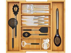Bamboo Expandable Drawer Organizer, Adjustable Silverware Organizer with Removable Dividers, Cutlery Tray Perfect for Kitchen, Bathroom, Office, Bedroom