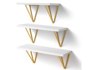 White Floating Shelves - Wall Mounted Shelf with Triangle Golden Metal Brackets for Living Room, Bedroom, Kitchen Set of 3