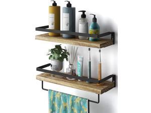 Floating Shelves Wall Mounted for Bathroom, Kitchen, Bedroom, Storage Shelf with Towel Holder, Rustic Wood Set of 2