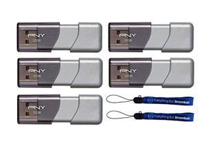 pny 32gb usb 3.0 flash drive elite turbo attache 3 (five pack) model p-fd32gtbop-ge bundle with (2) everything but stromboli lanyard