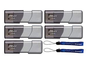pny 64gb usb 3.0 flash drive elite turbo attache 3 (five pack) model p-fd64gtbop-ge bundle with (2) everything but stromboli lanyard