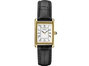 seiko square gold black leather women's watch swr054