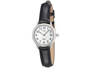timex women's t2h331 indiglo leather strap watch, black/silver-tone/white