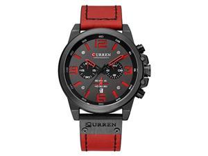 curren black chronograph fashion trend multi-function waterproof quartz watch red leather strap military watch (black red)