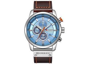 men leather strap military watches men's chronograph waterproof sport wrist date quartz wristwatch gifts (silver blue)