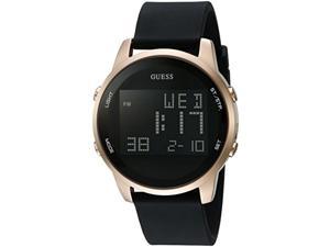 guess comfortable gold-tone + black stain resistant silicone digital watch with day, date, 24 hour military/int'l time, dual time zone + alarm. color: black (model: u0787g1)
